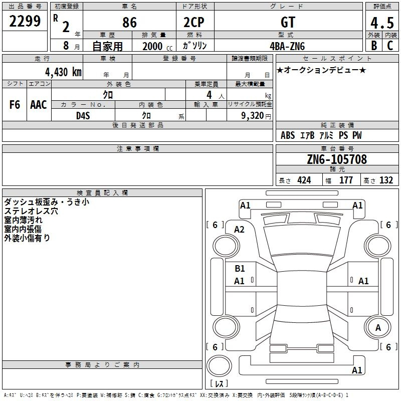 Аукционный лист TOYOTA 86 2020