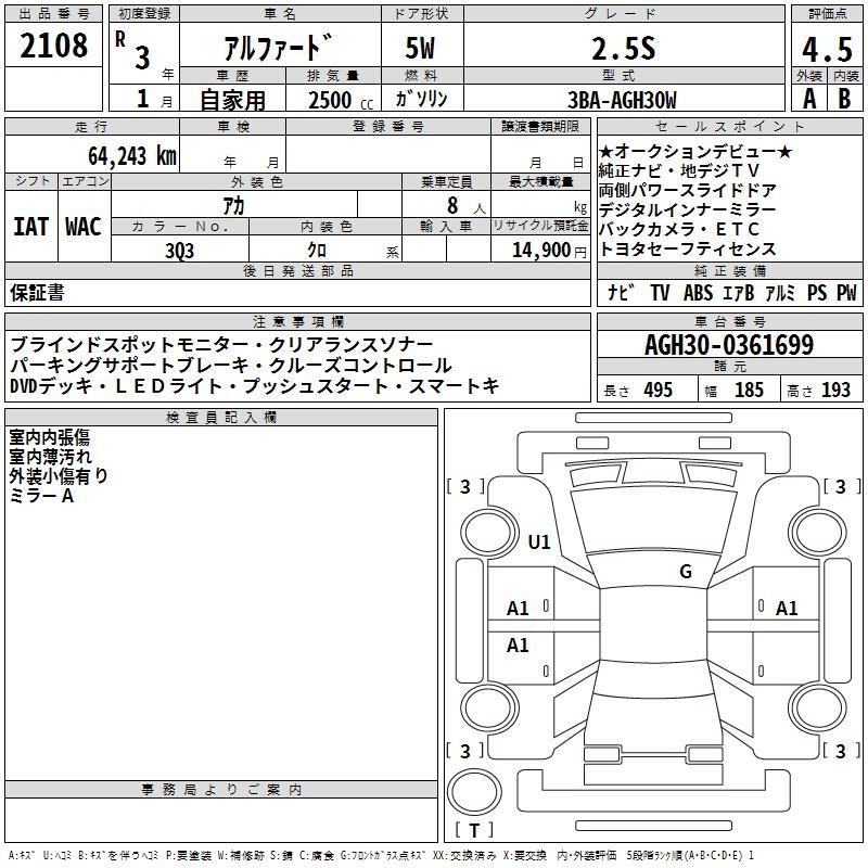 Аукционный лист TOYOTA ALPHARD 2021