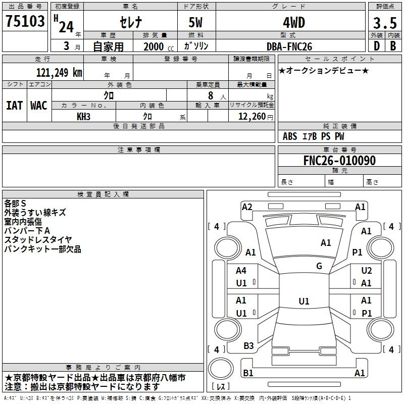 Аукционный лист NISSAN SERENA 2012