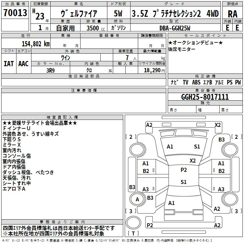 Аукционный лист TOYOTA VELLFIRE 2011