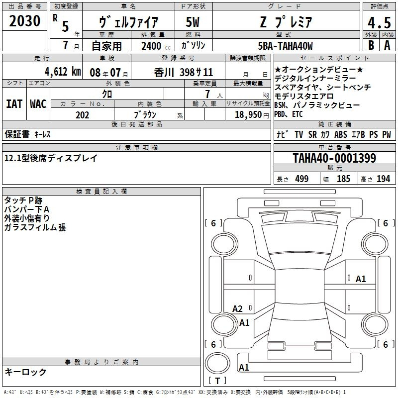 Аукционный лист TOYOTA VELLFIRE 2023