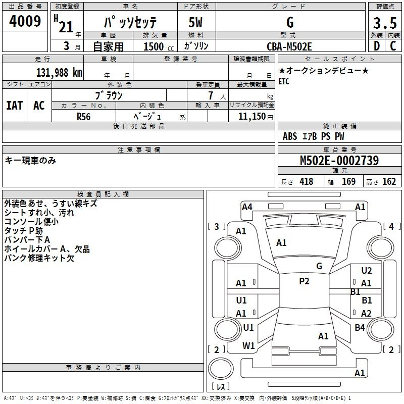Аукционный лист TOYOTA PASSO SETTE 2009