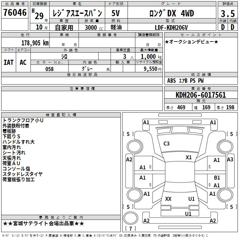 Аукционный лист TOYOTA REGIUS ACE VAN 2017