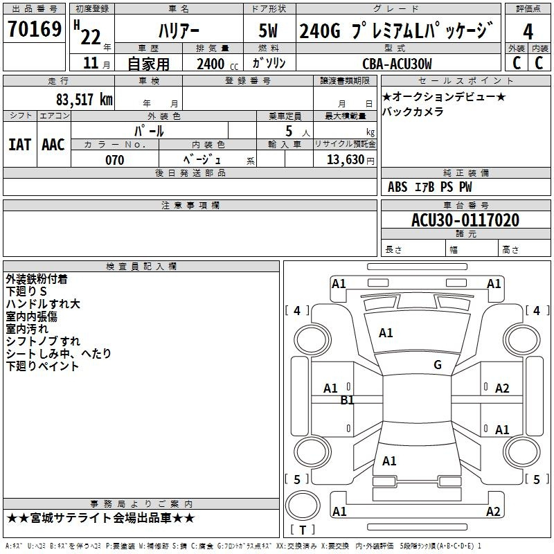 Аукционный лист TOYOTA HARRIER 2010