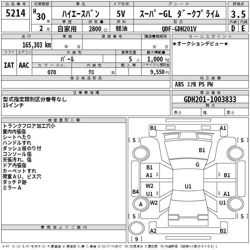 Аукционный лист TOYOTA HIACE VAN 2018