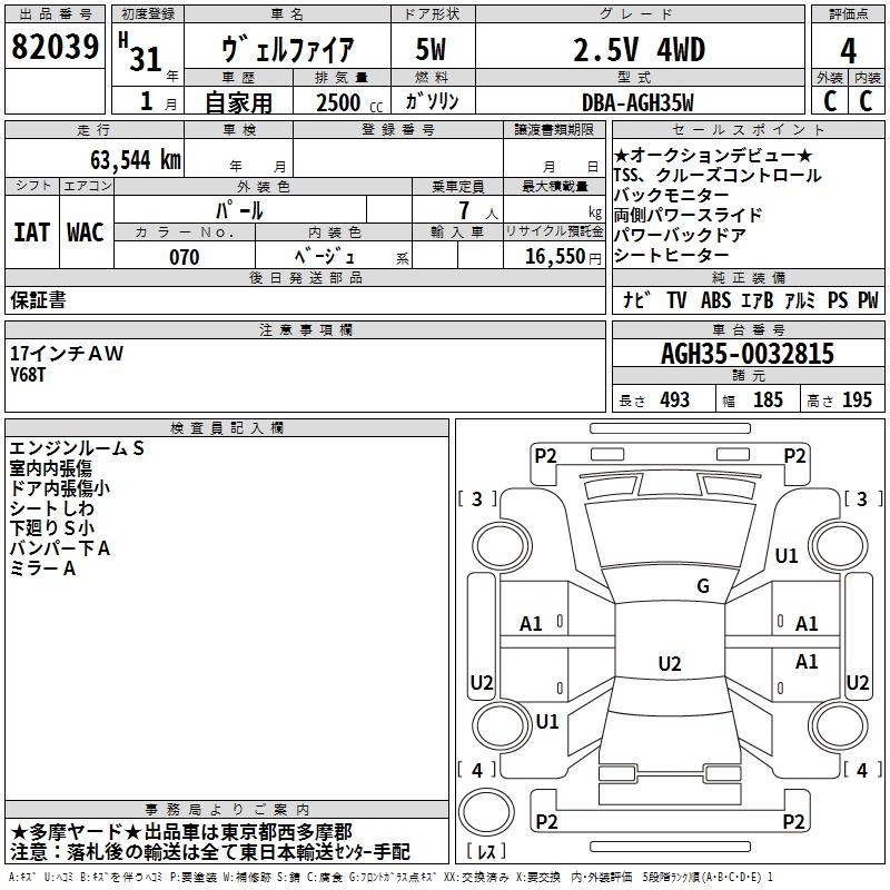 Аукционный лист TOYOTA VELLFIRE 2019
