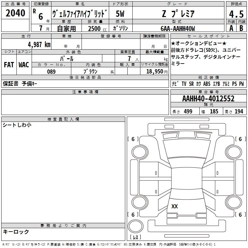 Аукционный лист TOYOTA VELLFIRE 2024