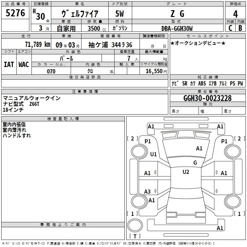 Аукционный лист TOYOTA VELLFIRE 2018