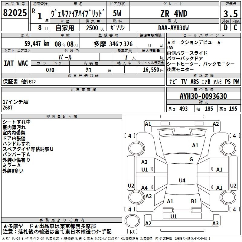 Аукционный лист TOYOTA VELLFIRE 2019