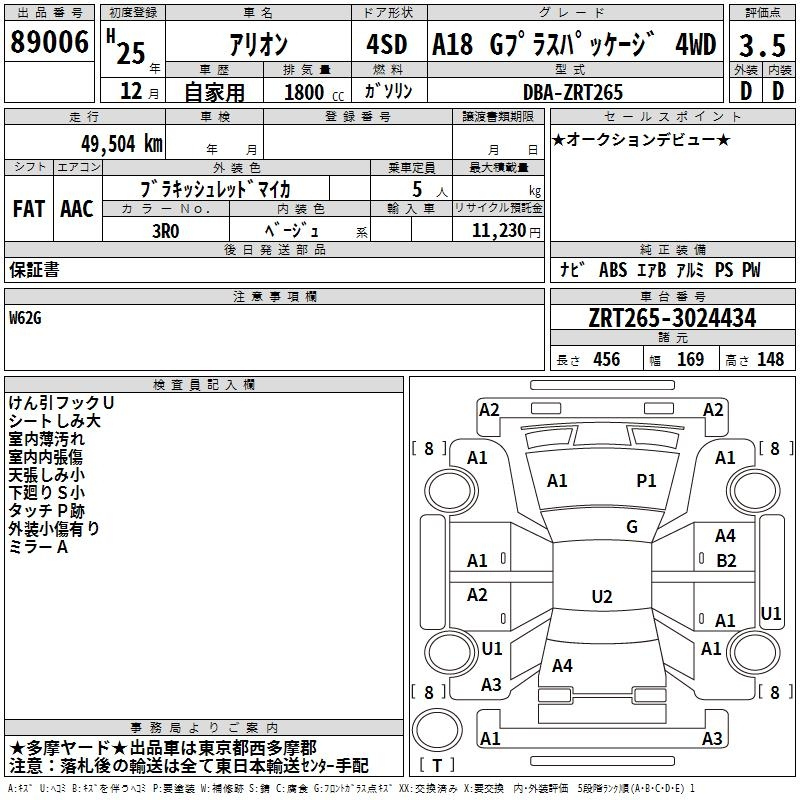 Аукционный лист TOYOTA ALLION 2013