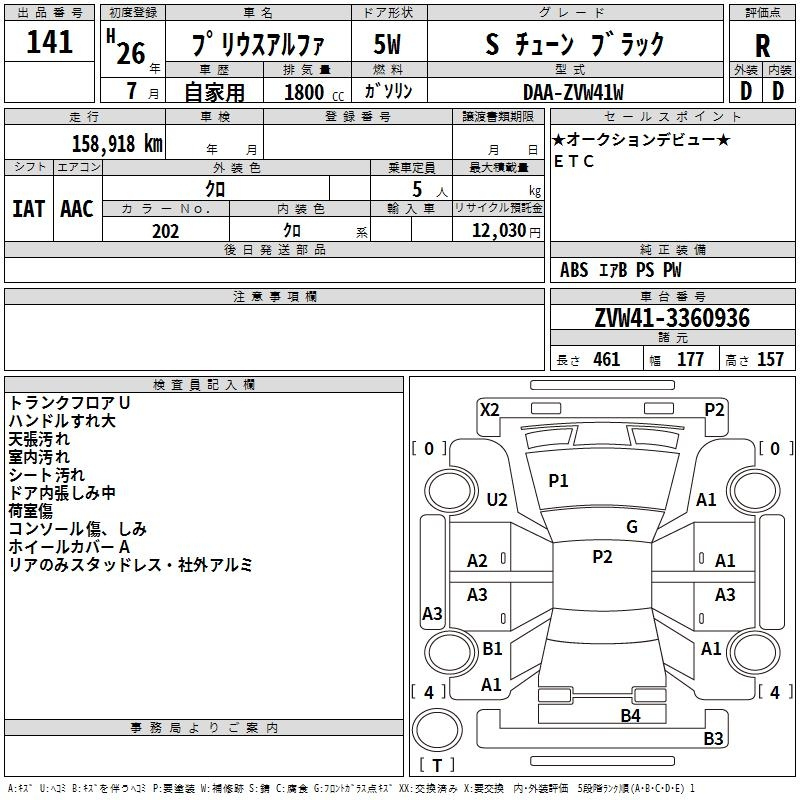 Аукционный лист TOYOTA PRIUS ALPHA 2014