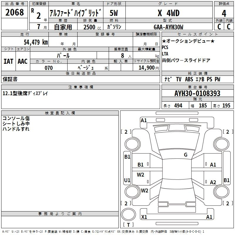 Аукционный лист TOYOTA ALPHARD 2020