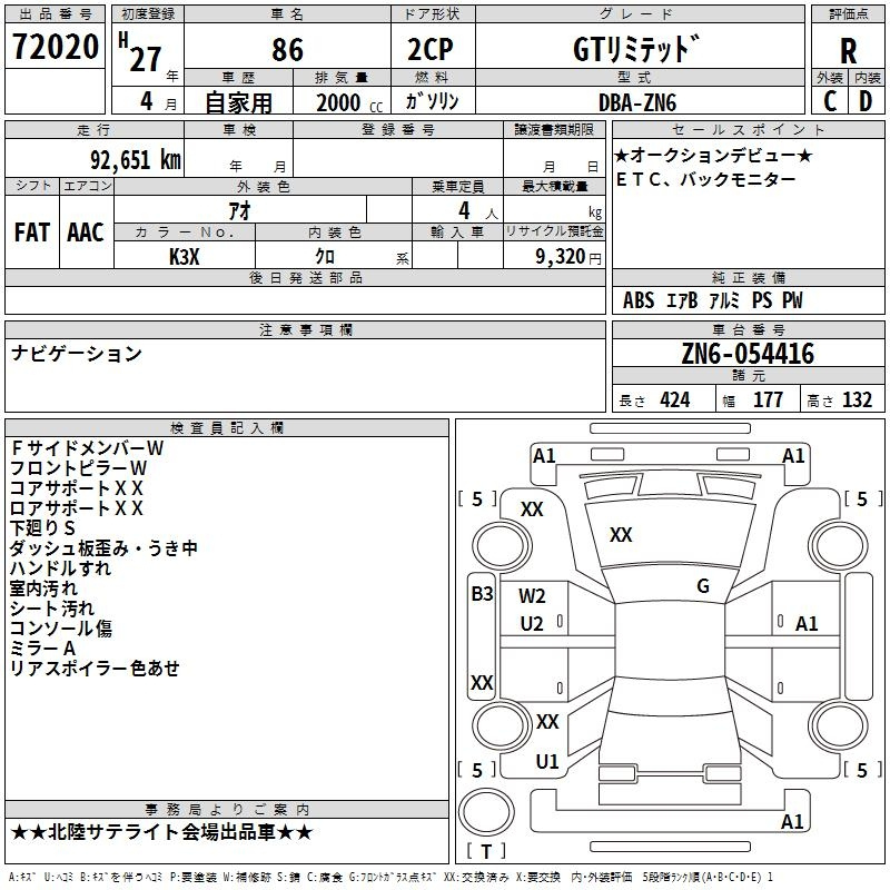 Аукционный лист TOYOTA 86 2015