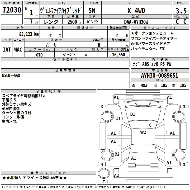 Аукционный лист TOYOTA VELLFIRE 2019