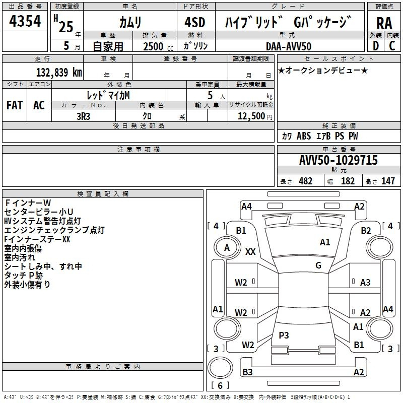 Аукционный лист TOYOTA CAMRY 2013