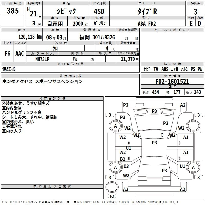 Аукционный лист HONDA CIVIC 2009