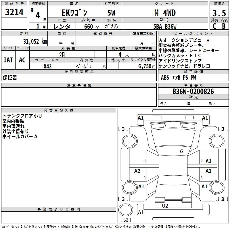 Аукционный лист MITSUBISHI EK WAGON 2022