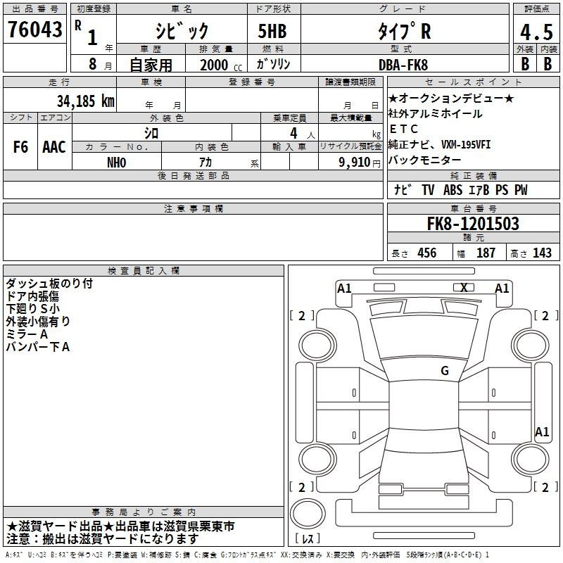 Аукционный лист HONDA CIVIC 2019