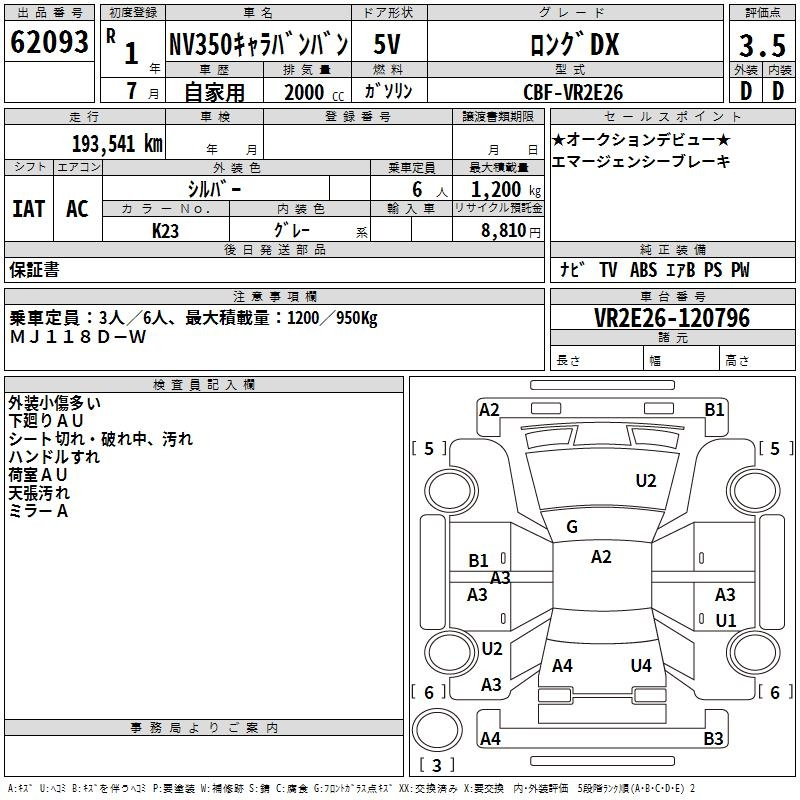 Аукционный лист NISSAN CARAVAN VAN 2019