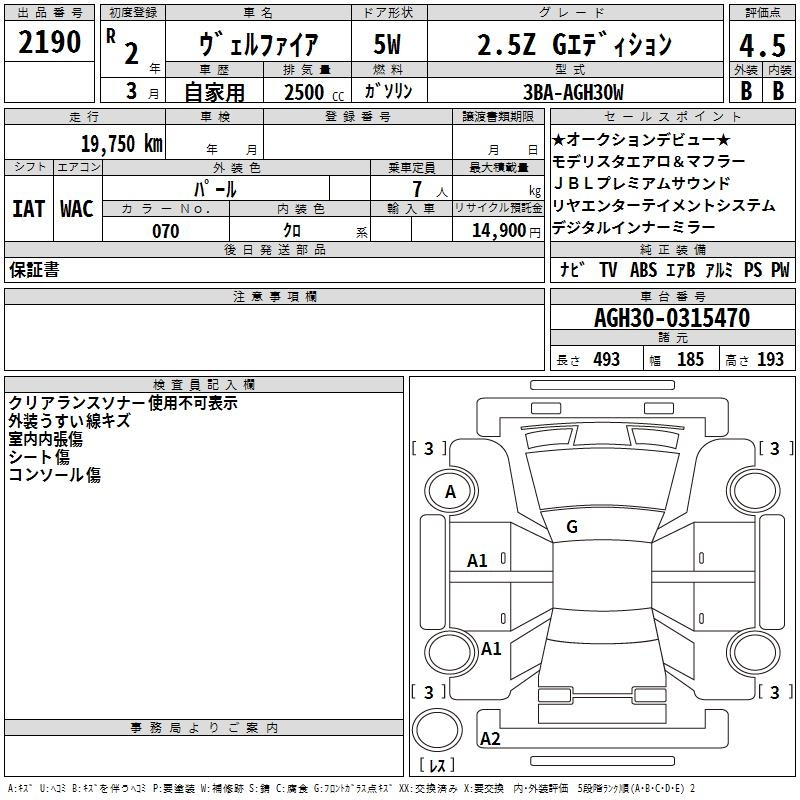 Аукционный лист TOYOTA VELLFIRE 2020