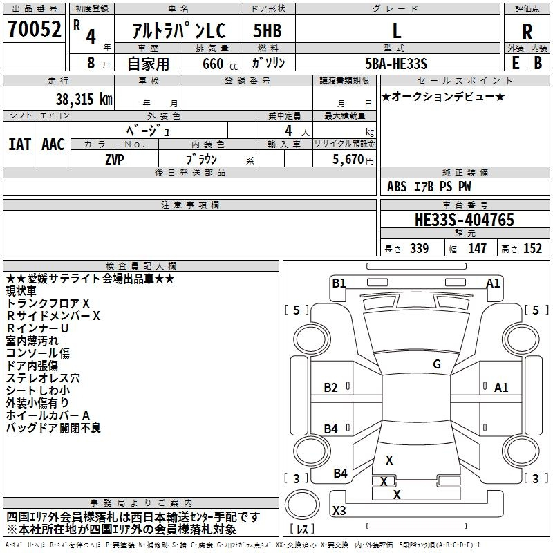 Аукционный лист SUZUKI ALTO LAPIN 2022