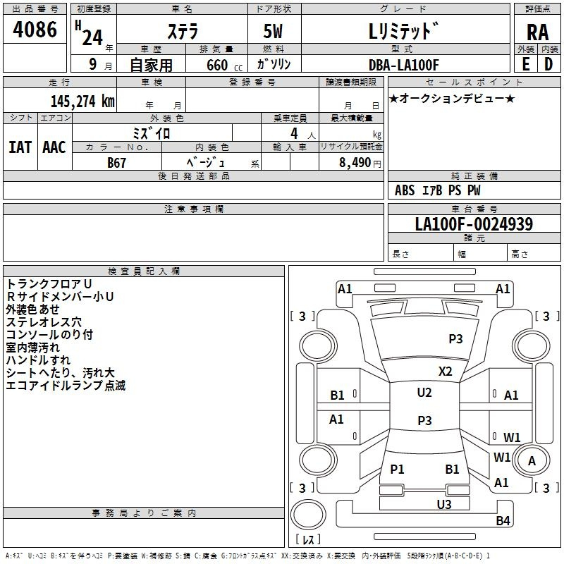 Аукционный лист SUBARU STELLA 2012