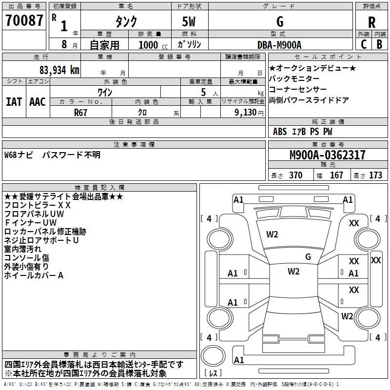 Аукционный лист TOYOTA TANK 2019