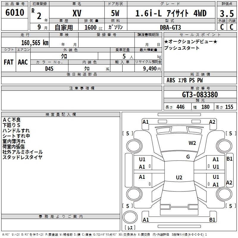 Аукционный лист SUBARU XV 2020