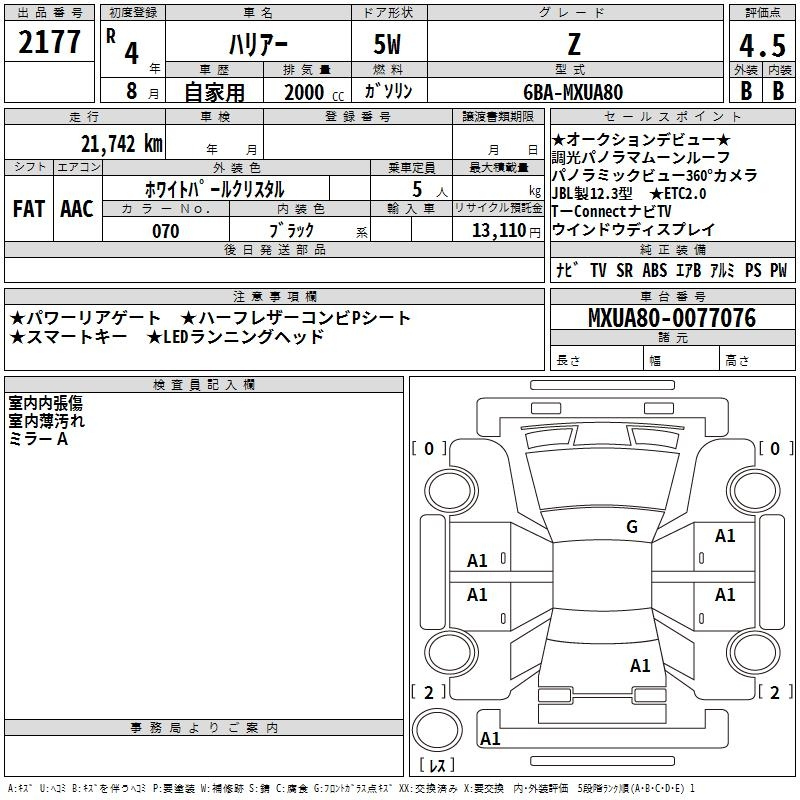 Аукционный лист TOYOTA HARRIER 2022