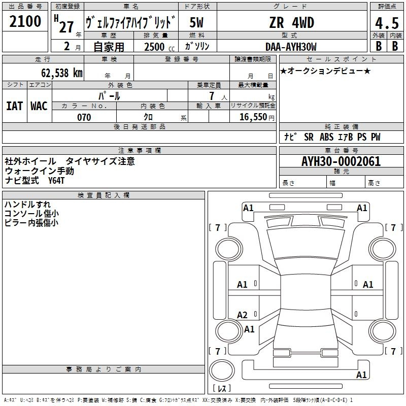 Аукционный лист TOYOTA VELLFIRE 2015