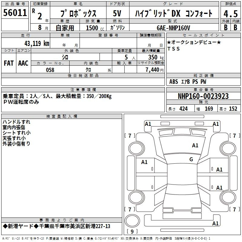 Аукционный лист TOYOTA PROBOX 2020