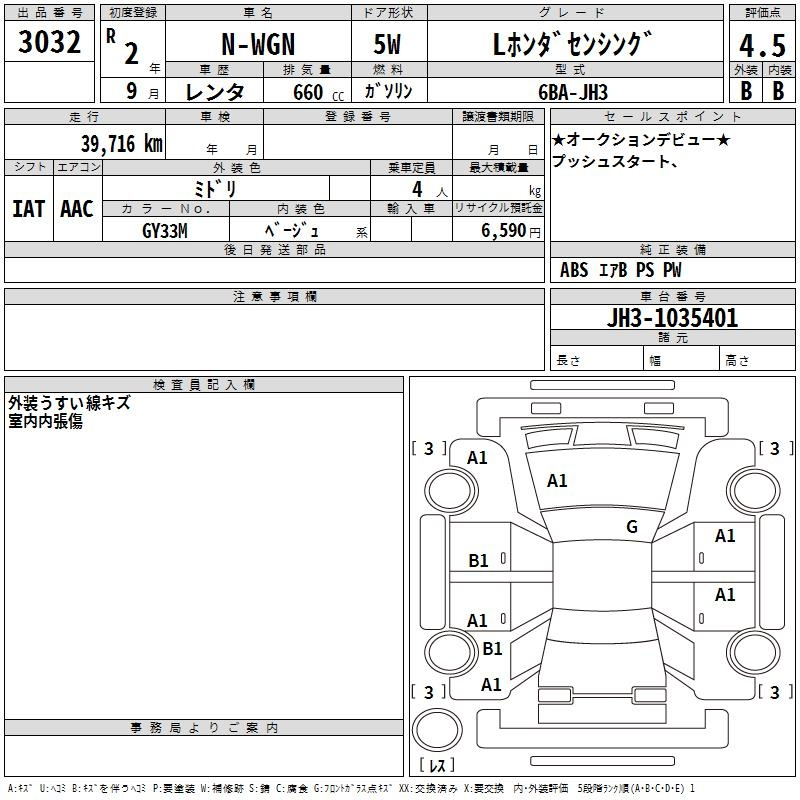 Аукционный лист HONDA N WGN 2020