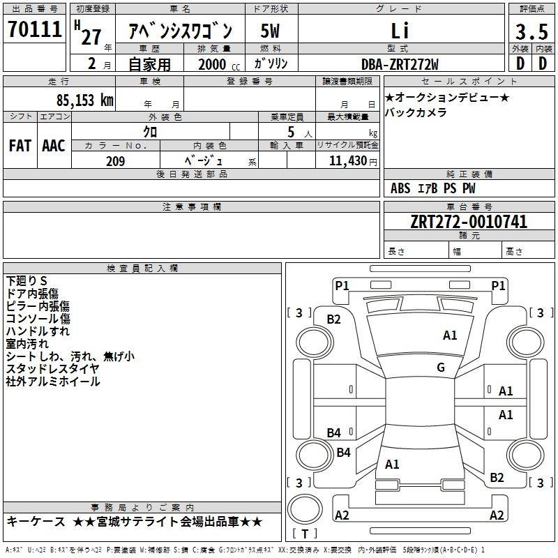 Аукционный лист TOYOTA AVENSIS WAGON 2015