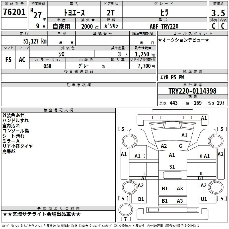 Аукционный лист TOYOTA TOYOACE 2015