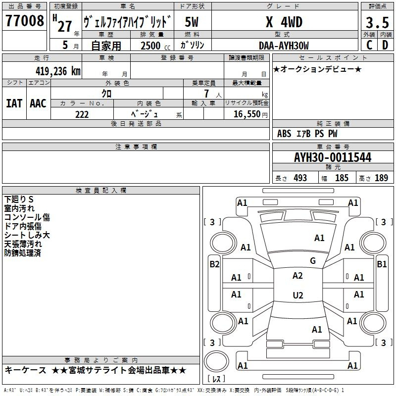 Аукционный лист TOYOTA VELLFIRE 2015