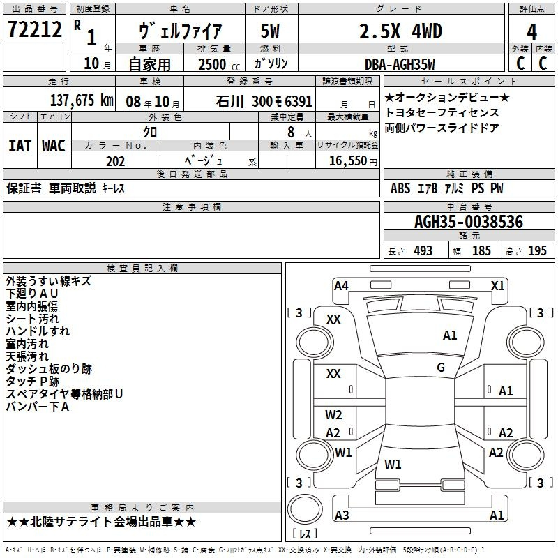 Аукционный лист TOYOTA VELLFIRE 2019