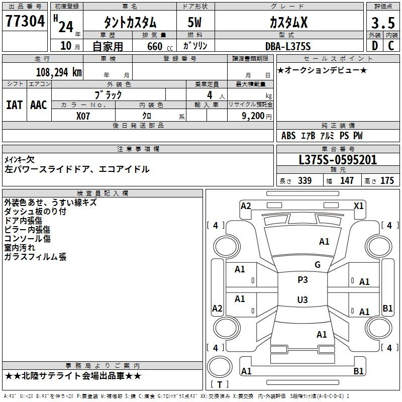 Аукционный лист DAIHATSU TANTO 2012