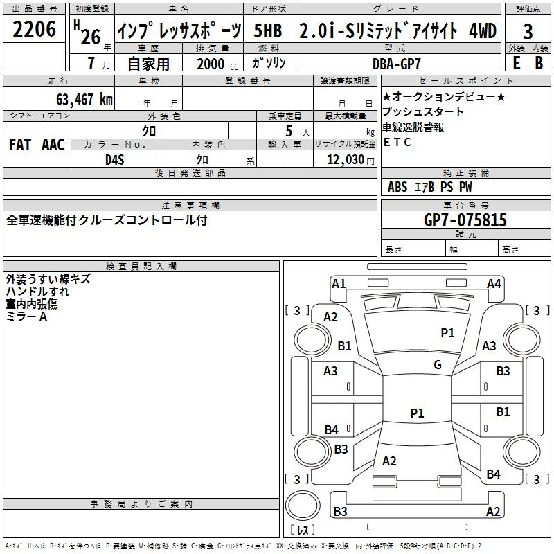 Аукционный лист SUBARU IMPREZA 2014