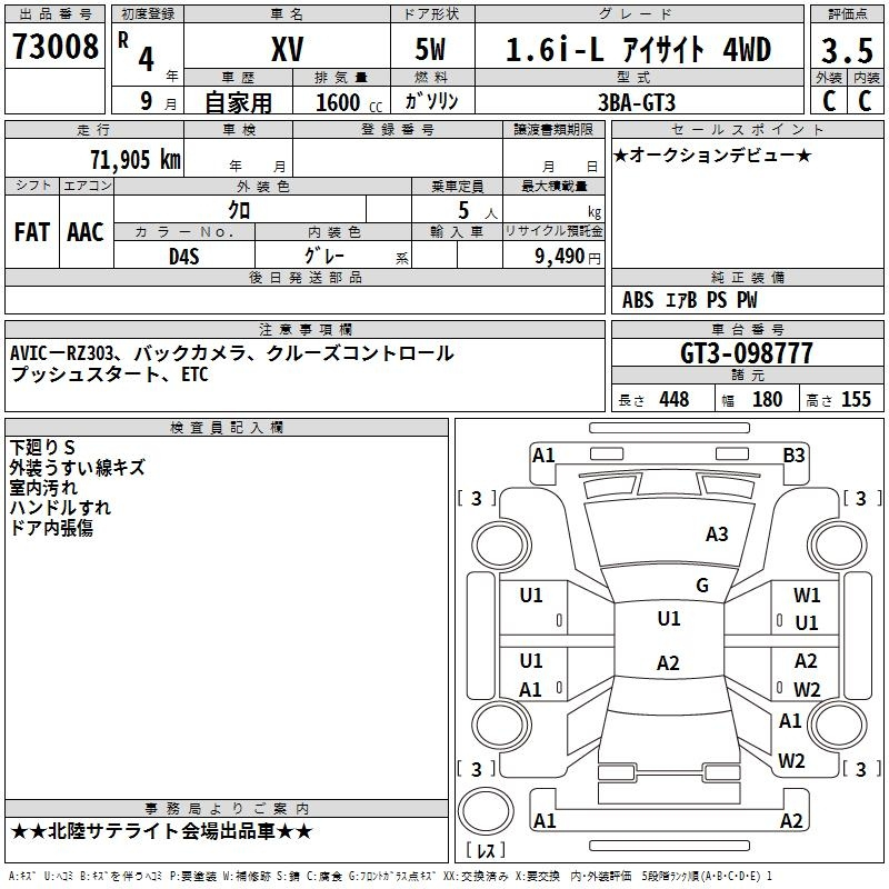 Аукционный лист SUBARU XV 2022