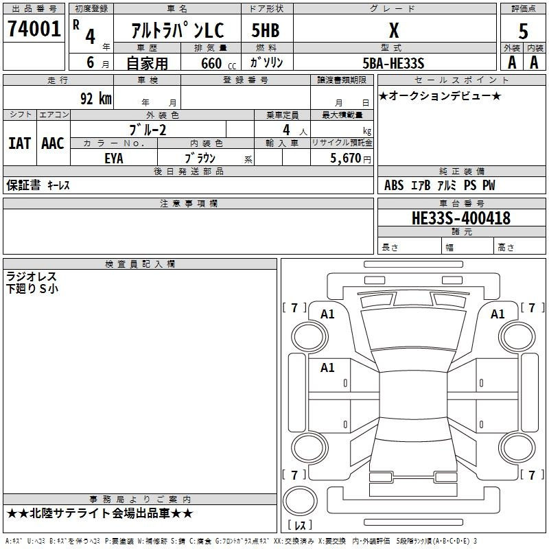 Аукционный лист SUZUKI ALTO LAPIN 2022