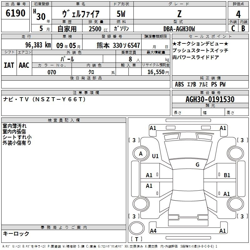 Аукционный лист TOYOTA VELLFIRE 2018