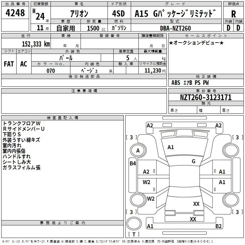 Аукционный лист TOYOTA ALLION 2012