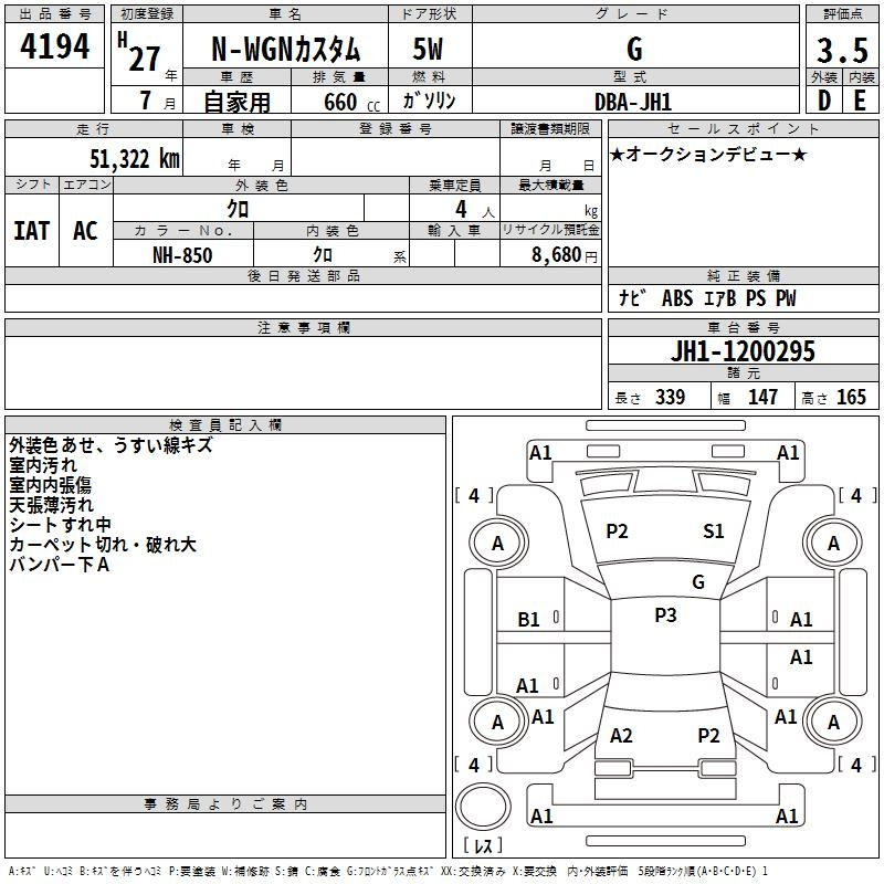Аукционный лист HONDA N WGN 2015