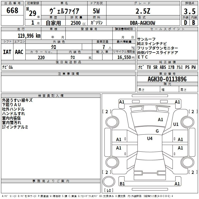 Аукционный лист TOYOTA VELLFIRE 2017