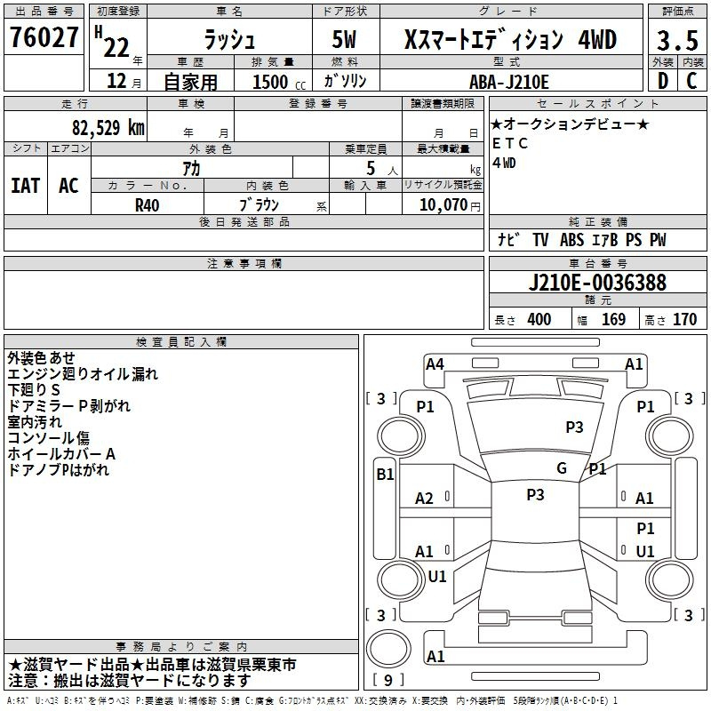 Аукционный лист TOYOTA RUSH 2010