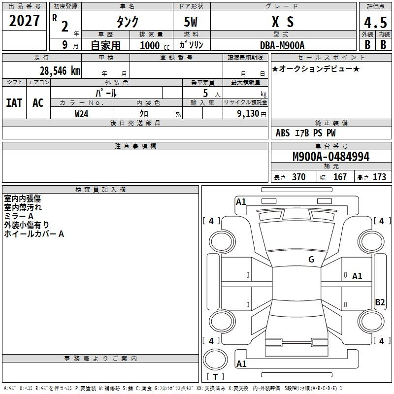 Аукционный лист TOYOTA TANK 2020