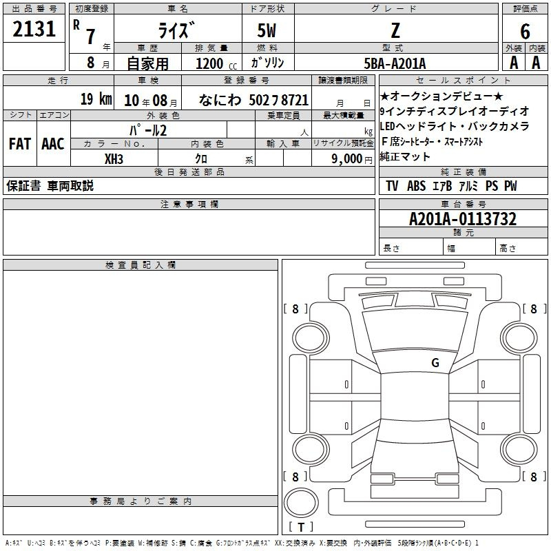 Аукционный лист TOYOTA RAIZE 2025