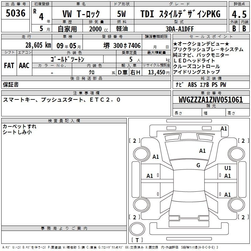 Аукционный лист VOLKSWAGEN T-ROC 2022