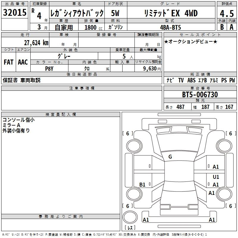 Аукционный лист SUBARU LEGACY OUTBACK 2022
