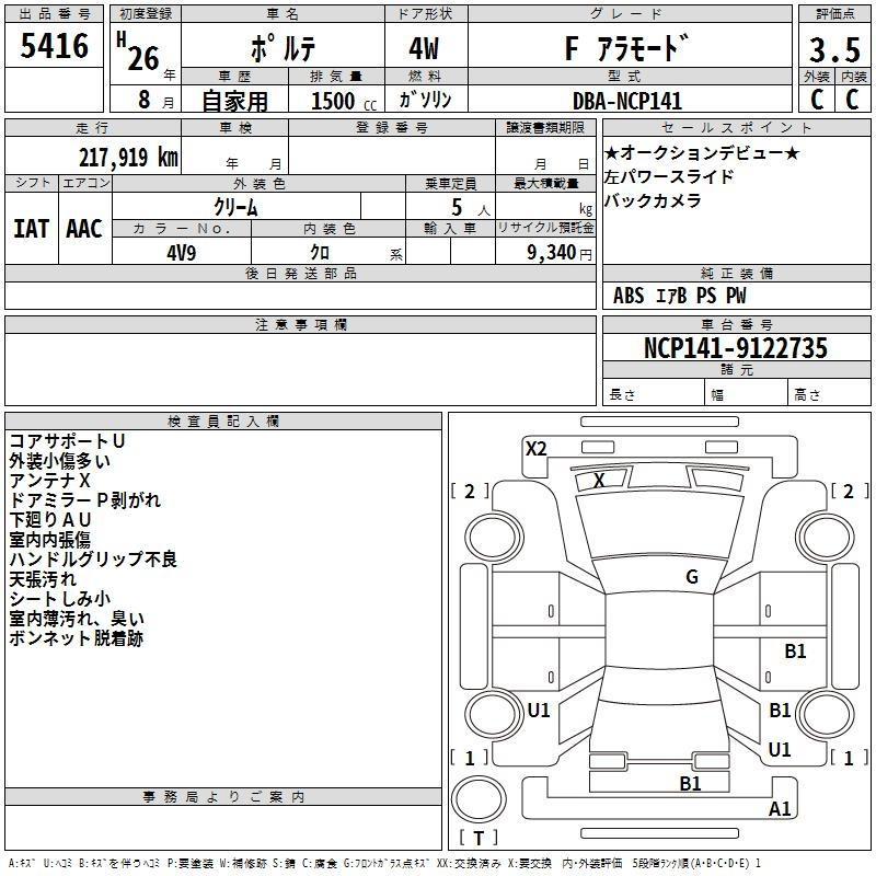 Аукционный лист TOYOTA PORTE 2014